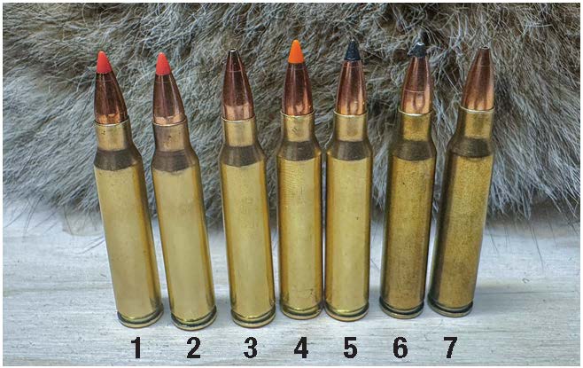 Handloads include: (1) Hornady V-Max 40-grain, (2) Hornady V-Max 50-grain, (3) Hornady BTHP 52-grain, (4) Nosler Ballistic Tip 50-grain, (5) Nosler Varmageddon 55-grain, (6) Sierra Spitzer 45-grain and (7) Sierra BTHP 52-grain. Lapua Brass and CCi BR4 primers were used throughout.